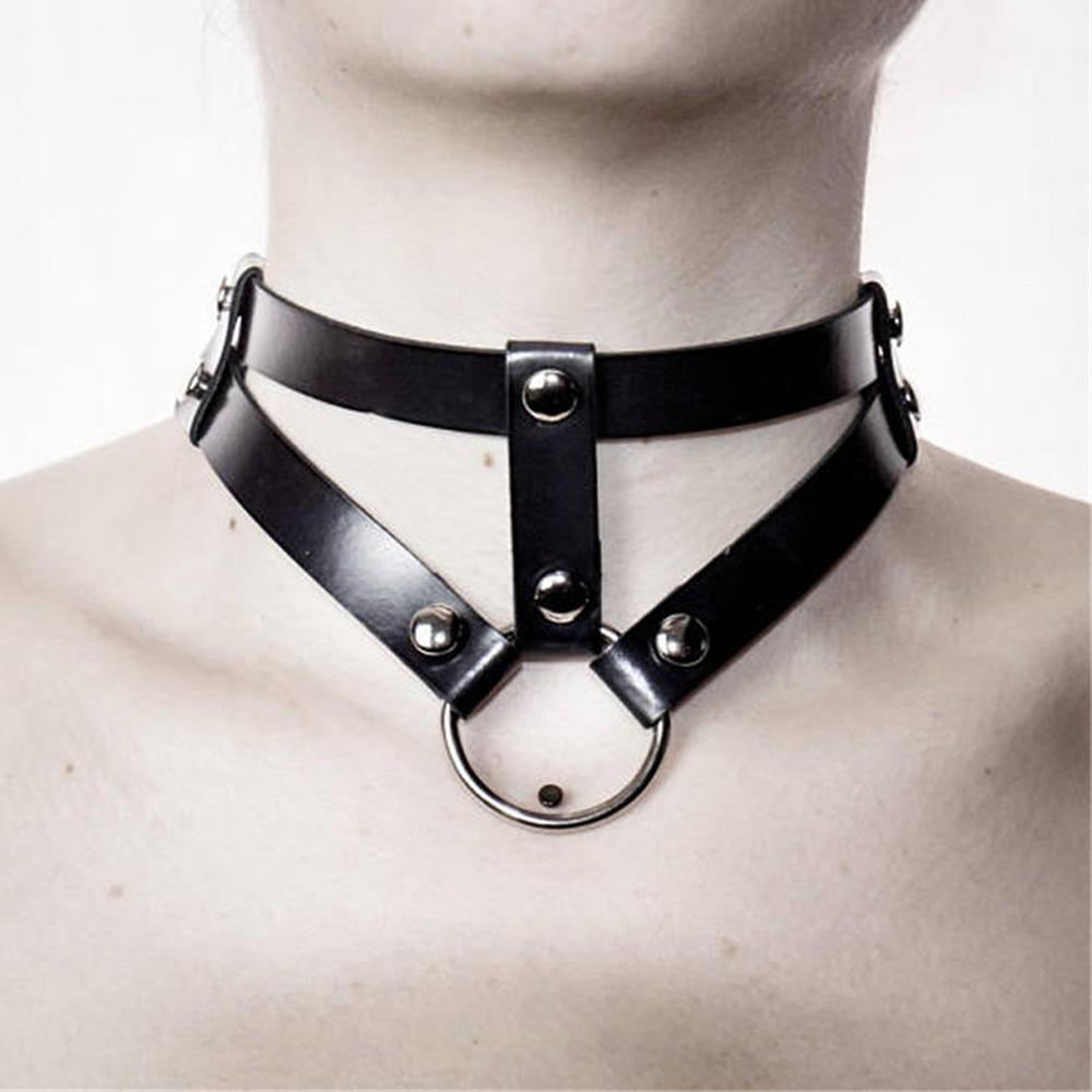 Women Leather Harness Necklace Sexy BDSM O-Ring Chain Choker Bondage Collar  Belt